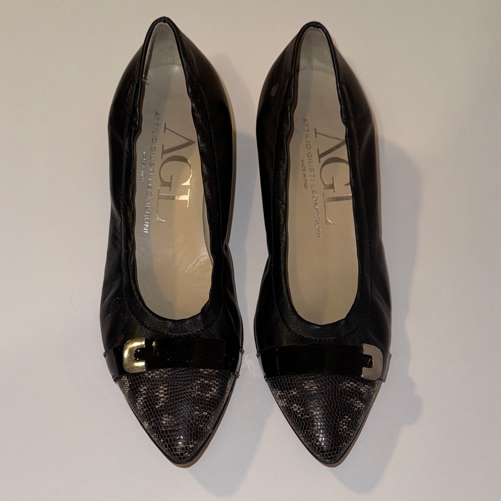 AGL Black Leather w/ Snakeskin Toe 1.5” Heels
